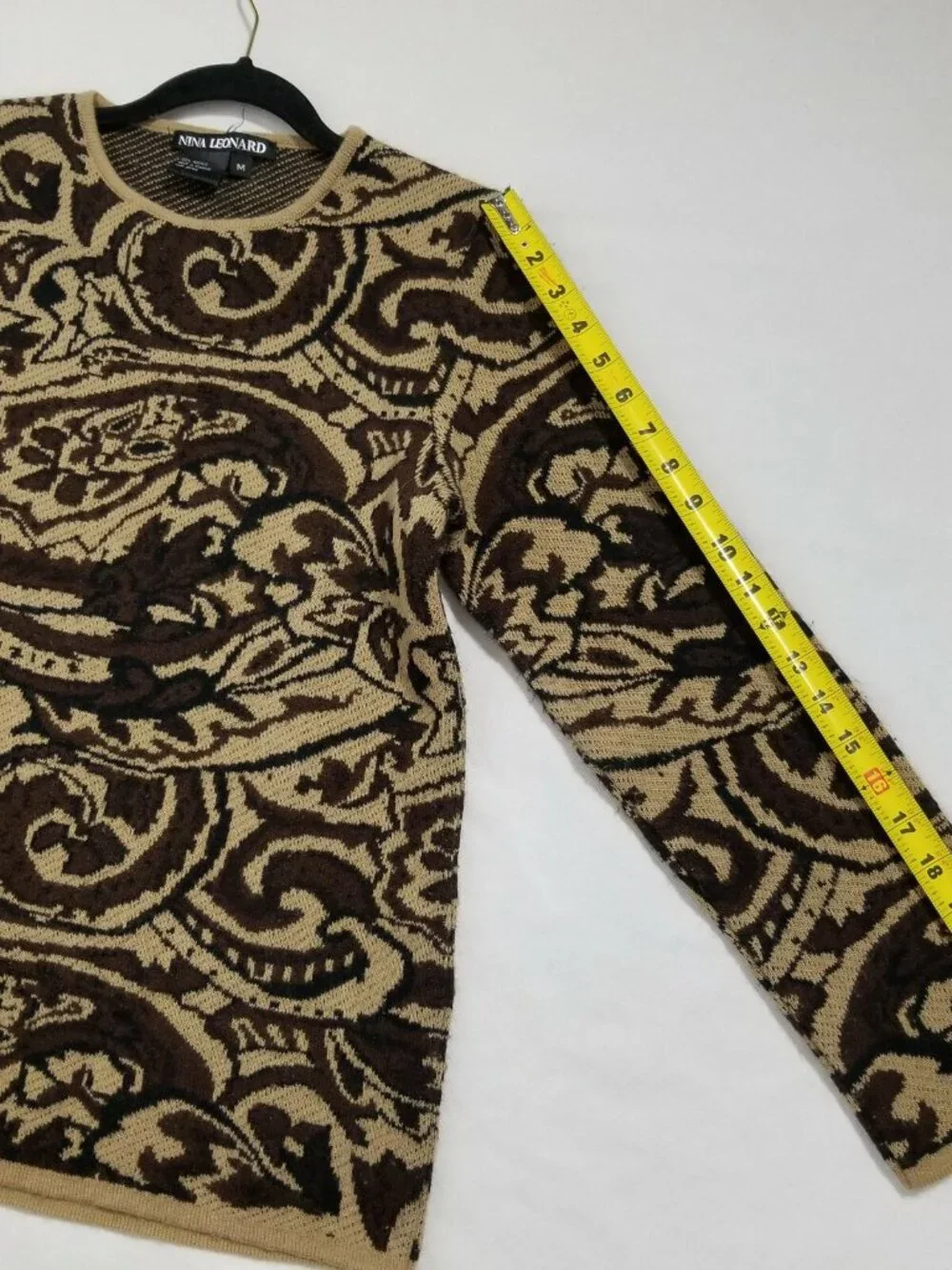 VINTAGE 90s Nina Leonard Sweater Women Medium Acrylic Brown Paisley Knit Leopard